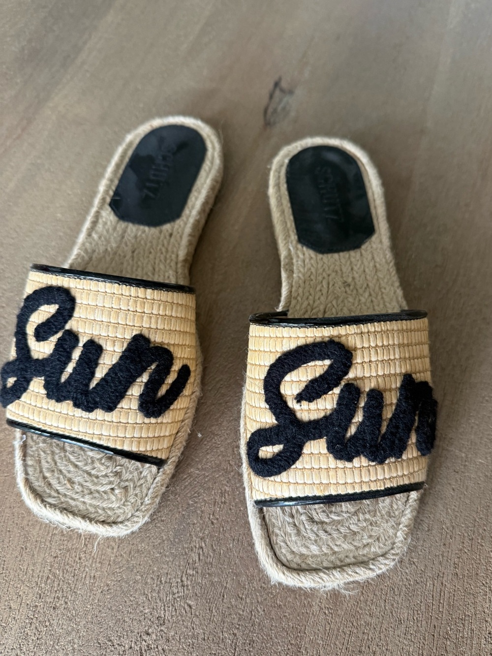 SCHUTZ Emilien Natural Raffia Slide Sandals with Black Script